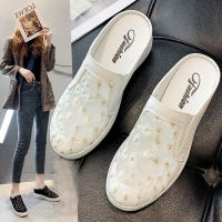 Embroider Flower Slippers Women Creepers Outside Air Mesh Mules Shoes Platform Sandals Breathable Closed Toe Slides Flip Flops