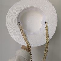 White Straw Hat Pearl Chain DIY Flat Top Sun Hat New Korean Elastic Ribbon Hat Beach Hat Candy Color Sun Hat