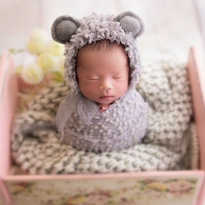 ❄✼❁ Recém-nascido tiro prop acessórios forte estiramento envoltório chapéu travesseiro 3-piece bebê fotografia roupas swaddling assistida estilo