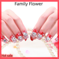 Family Flower Flash Sale 24ชิ้น/เซ็ตผู้หญิงเจ้าสาวสีแดง3D ปลอมเล็บห่อเคล็ดลับเทียมเล็บเท็จ