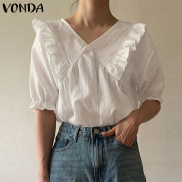 VONDA Womens Fashion Doll Collar Ruffled Solid Color Pleated Puff Short