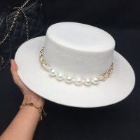 Fedora New Winter White Womens Hats Wide Brim Hat French With Pearl Retro Fashion Womens Cap