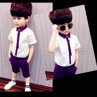 [COD] 2022 summer short-sleeved suit boy fake tie children splicing two-piece set