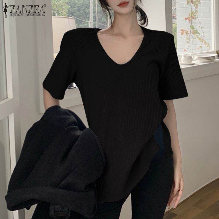 zanzea-เสื้อยืดลําลอง-คอวี-แขนสั้น-ผ้าถัก-ทรงหลวม-สไตล์เกาหลี-สําหรับผู้หญิง