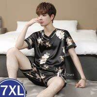 【Hot Sale】embellishembellish L 7XL ชุดนอนยืดขยายได้สำหรับเสื้อคลุมสวมศีรษะผู้ชายซาตินชุดนอนกางเกงกางเกงขาสั้นแบบลำลองฤดูร้อนชุดนอน