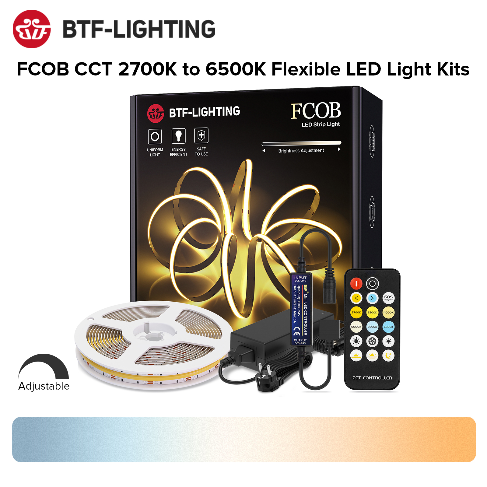 FCOB CCT Flexible COB LED Strip Light FOB 640 High Density Dimmable Tape DC 24V