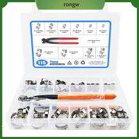 RONGW 115Pcs 6-28.6มม. หูเดี่ยวหู 304สแตนเลสสตีล เงินสีเงิน แคลมป์รัดท่อ พร้อมที่หนีบหู ขนาด10นิ้ว ที่หนีบท่อ stepless ท่อน้ำในรถยนต์