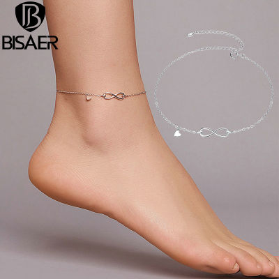 BISAER Infinity Love Anklets 925เงินสเตอร์ลิงเรขาคณิต Heart Chain Anklets สำหรับผู้หญิงฟุตขา Chain Link เครื่องประดับ ECT019