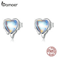 bamoer Authentic 925 Sterling Silver Melting Heart-Shaped Moonstone Stud Earrings for Women Silver Earrings Jewelry Party Gift