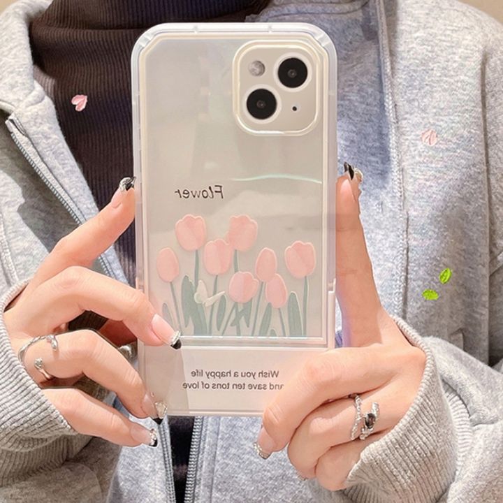 เคสโทรศัพท์มือถือ-นิ่ม-กันตก-ปิดด้านหลัง-ลายดอกไม้ทิวลิป-สีชมพู-สไตล์เกาหลี-สําหรับ-iphone-14-13-12-x-xs-xr-8-7