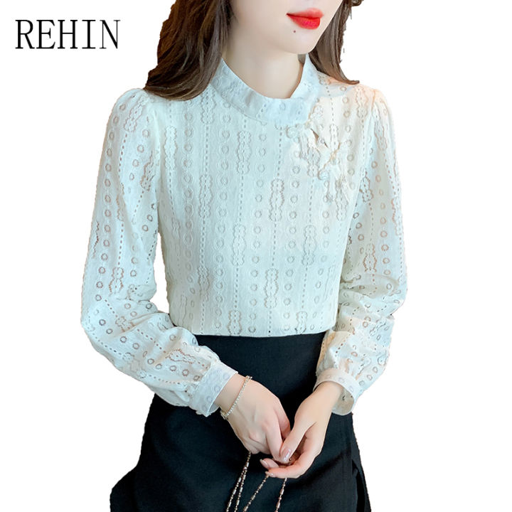 rehin-เสื้อลูกไม้แขนยาวผู้หญิง-เสื้อลูกไม้ด้านล่างหัวเข็มขัดสัมผัสดีไซน์ใหม่ฤดูใบไม้ผลิ