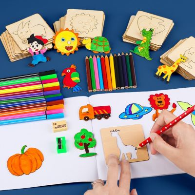 20pcs Montessori Kids Drawing Toys Wooden DIY Painting Stencils Template Craft Toys Puzzle Educational Toys for Children Gifts