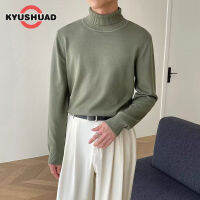 KYUSHUAD เสื้อสเวตเตอร์คอปกฐานอบอุ่นสเวตเตอร์พอดีตัวคอเต่าสีทึบเรียบง่ายของผู้ชาย