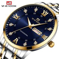 VA VA VOOM Mens Business Watch 40mm Black Clock Rhine-Diamond Luxury Blue Gold Stainless Steel Diver Fashion Quartz Watch Reloj