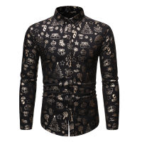 Mens Casual Long Sleeve Button Down Dress Shirts Tops  Shiny Black Floral Print Christmas Shirt Men Business Casual Shirt