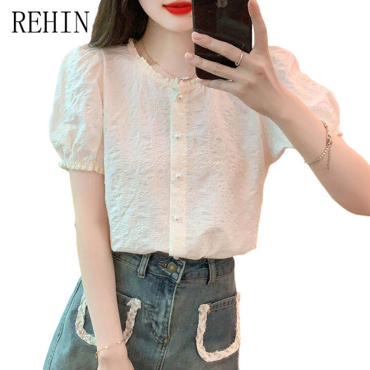 rehin-ลูกไม้สั้นสไตล์เกาหลีแบบใหม่ฤดูร้อนเสื้อชีฟองการออกแบบพิเศษเฉพาะเสื้อสตรี