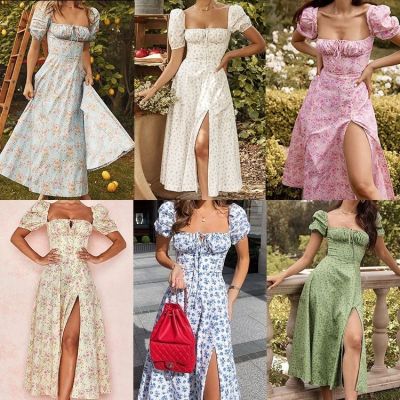 UNIQLO European And American Cross-Border Manufacturers 2023 Summer New Print French Floral Backless Slim Straps Slit Dress Women