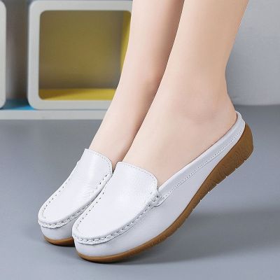 ☌♤ New Style Genuine Leather Slippers Women Plus Size Toe Cap Half Flat Sole Lazy Peas Shoes Breathable