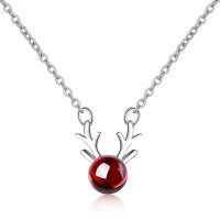 Trendy Christmas Deer ELK Animal Natural Garnet 925 Sterling Silver Lady Pendant Necklaces Jewelry Women Short Chains Gift