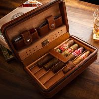 COHIBA Travel Cigare Case Holster Portable Cedar Wood Ciger Humidor Cigarr Leather Box Holder 4pcs Cigr with Humidifier