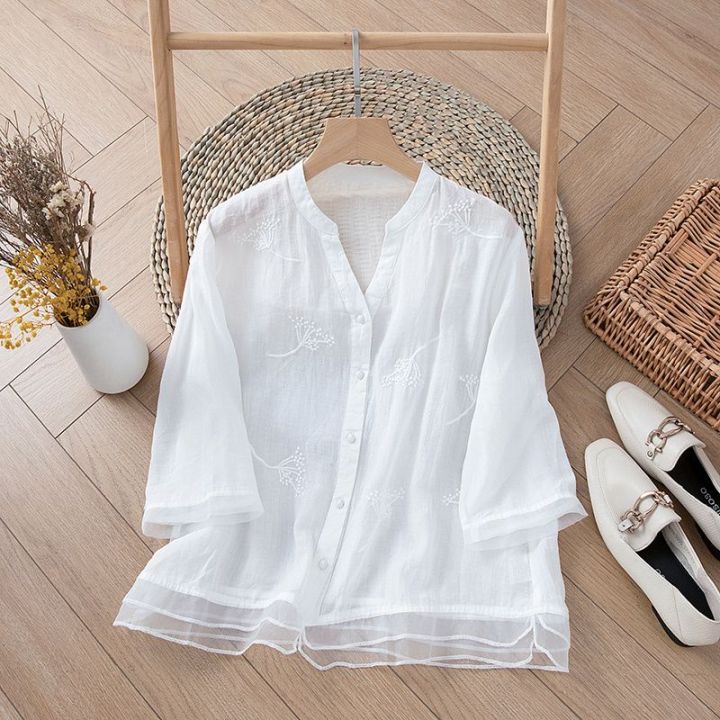 whitetime-เสื้อคอวีของผู้หญิง-301t1025การกระชับสัดส่วนระดับไฮเอนด์เย็บปักถักร้อยขนาดเล็กเสื้อเชิ้ตเย็บใหม่