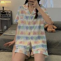 COD จัดส่งทันทีRainbow Bear Pajamas Women s Thin Cardigan Short Sleeve Shorts Homewear Set