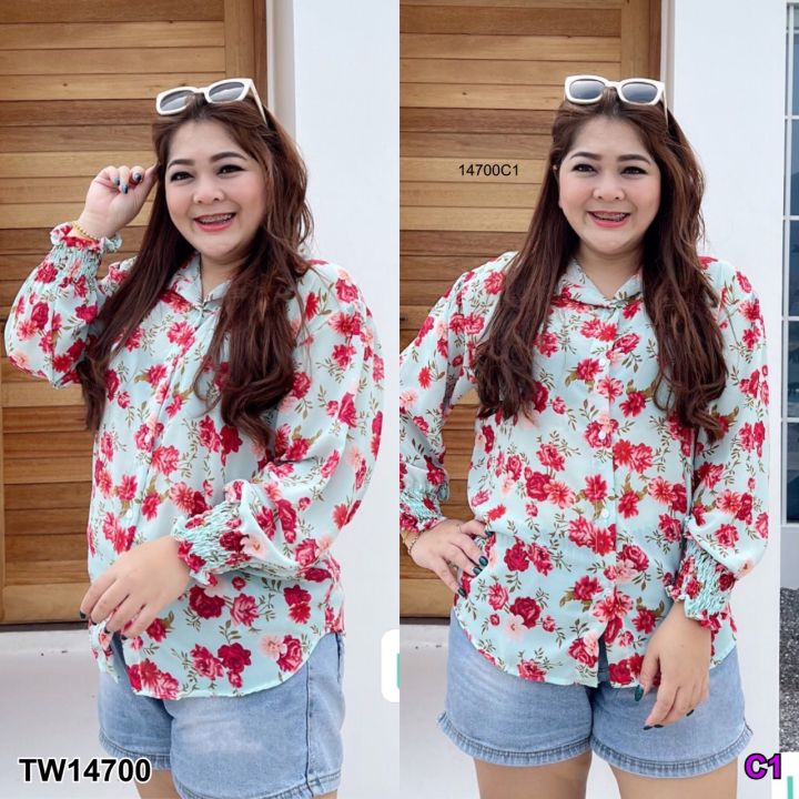 tw14700-เสื้อเชิ้ต-bigsize-ลายดอกไม้