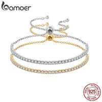 BAMOER สร้อยข้อมือเทนนิสคลาสสิกชุบทอง14K สำหรับผู้หญิงสร้อยข้อมือเงิน925เส้นเลื่อนปรับได้เครื่องประดับงานแต่งงานของขวัญ