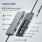 Wavlink Hub USB-C Đa Năng Với Vỏ Bọc SSD M.2 NVMe SATA, Bộ Chuyển Đổi Đa Cổng Type-C Lai 8 Trong 1 Phù Hợp Với Công Suất 100W, 4K HDMI 60Hz, USB-A C 3.2 10Gbps Cho Windows, Mac OS