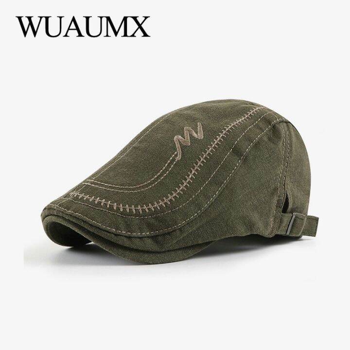 wuaumx-หมวกเบเร่ต์ลำลองใหม่สำหรับผู้ชายผู้หญิงผ้าฝ้ายฟอกสีหมวกเบเร่ต์หมวกทรงแบนเฮอร์โบน