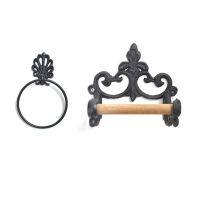 ▬✖ Black Toilet Roll Holder Towel Holder SetBathroom Cast Iron Towel Ring Toilet Roll Holder Wall Mounted Vintage Design