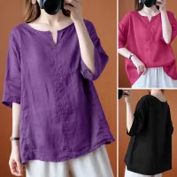 Esolo ZANZEA Muslimah Women Muslim Blouse Vintage Solid 3/4 Sleeve Tee T Shirts O Neck Tops Ladies KRS