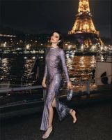 【jw】♤☈  See Through Rhinestone Split Glitter Evening Dresses Fishnet  Beach Neck