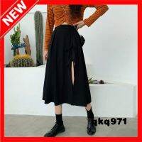 qkq971 Side Slit Skirt WomenS Irregular Black Drape Mid-Length A-Line Slimming