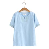 【มีไซส์ใหญ่】Plus Size Womens Short Sleeve Full Cotton Summer Shirts Oversized A-line Vintage Female Tops Large Size Fashion Embroidery Top