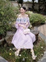 P014-008 PIMNADACLOSET - Off Shoulder Embroidery Purple Dress