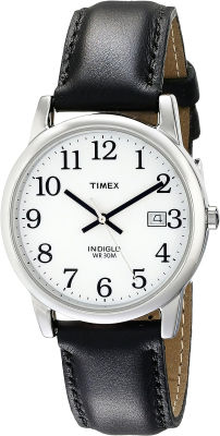 Timex Mens Easy Reader Date Leather Strap Watch Black/Silver-Tone/White