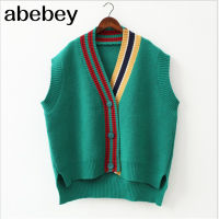 2020 Female Fashion Loose Vest V-neck Button Sweater Open Stitch Casual Striped Cardigan