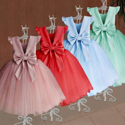 Girl Dress Middle Child Mesh Backless Bow Puffy Princess Dress Flower Girl Dresses for Weddings Toddler Girl Clothes