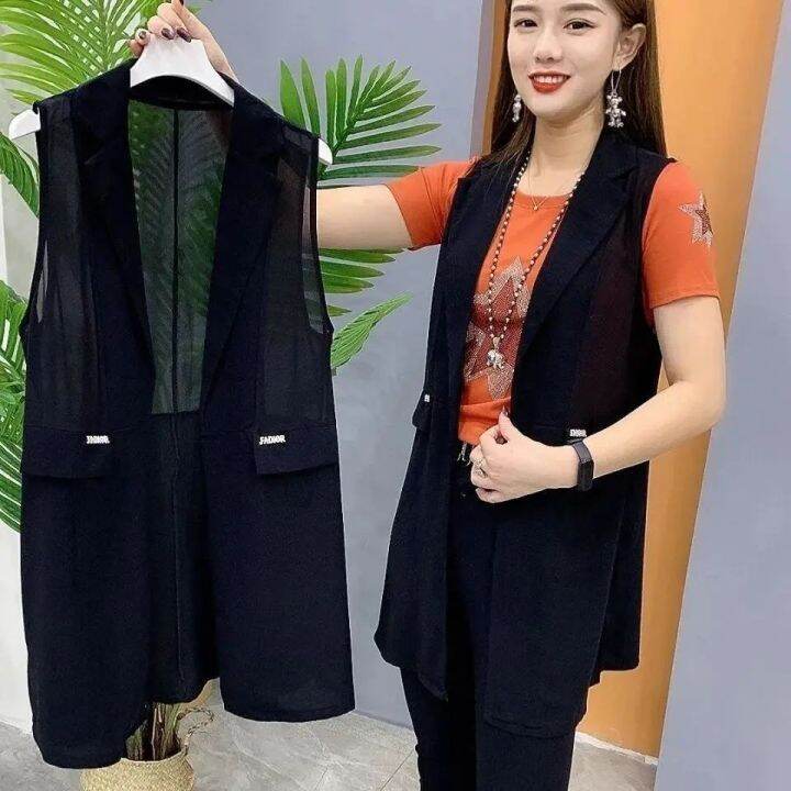 medium and long black sleeveless waistcoat women's summer suit jacket