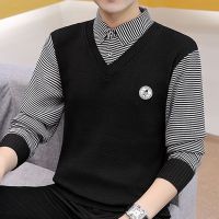 CODHaley Childe Ready Stock Fake Two Piece Sweaters Mens Shirt Collar Design Striped Stitching Slim Fit Sweater Pullover