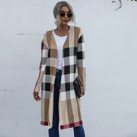 Women Sweater Cardigen Lattice Print Jacket Elegant Loose Shirt Coat Autumn Winter Lady Casual Long Knit Cardigan Sweater Jacket