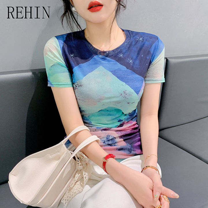 rehin-เสื้อตาข่ายฤดูร้อนแฟชั่นใหม่ของผู้หญิงเสื้อยืดแขนสั้นพิมพ์ลายการออกแบบลวดลายที่ไม่ซ้ำใครเสื้อยืดคอกลมบาง-s-3xl-เสื้อตามเทรนด์ที่สง่างาม
