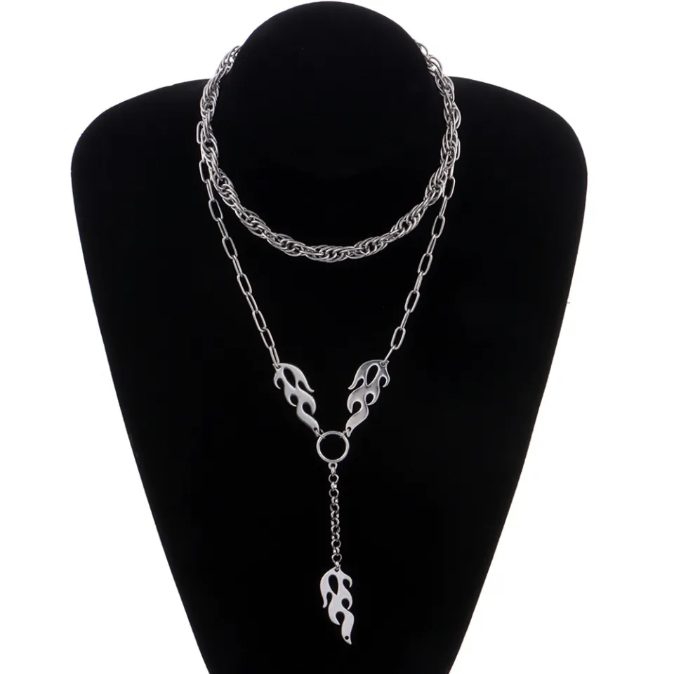 Punk Silver Plated Multilayer Chains Flame Pendant Necklace