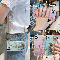 เคสนิ่มโปร่งใสสายคล้องคอแวววาวสำหรับ IPhone 15 14 13 11 Pro Max XS XR 6 8 7 Plus ฝาครอบข้อมือใส SE3