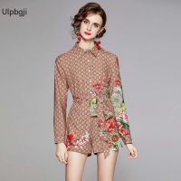 Womens New Fashion Jungle Flower Autumn Green Two Piece Set Long Sleeve Leaves Dot Floral Print Shirts Top ＋ Shorts Suits