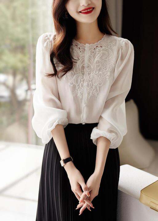 2023-french-style-elegant-style-positioning-embroidered-round-neck-long-sleeve-shirt-lantern-sleeve-small-top-womens-lace-shirt-spring