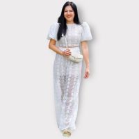 P010-290 PIMNADACLOSET - Half Puff Sleeve Crew Neck Woven Lace Top And High Waist Pant Set