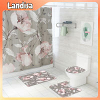 4pcs Waterproof Flower Print Shower Curtain Set With Non-slip Rug Toilet Lid Cover Bath Mat Bathroom Accessories