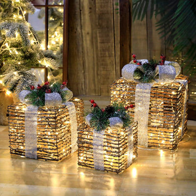 ชุดกล่องของขวัญดิ้นกล่องใส่ของขวัญไฟ LED สำหรับในเทศกาลคริสต์มาส3ของแท้คุณภาพสูงสำหรับปาร์ตี้วันหยุดในร่มของตกแต่งงานแต่งงาน